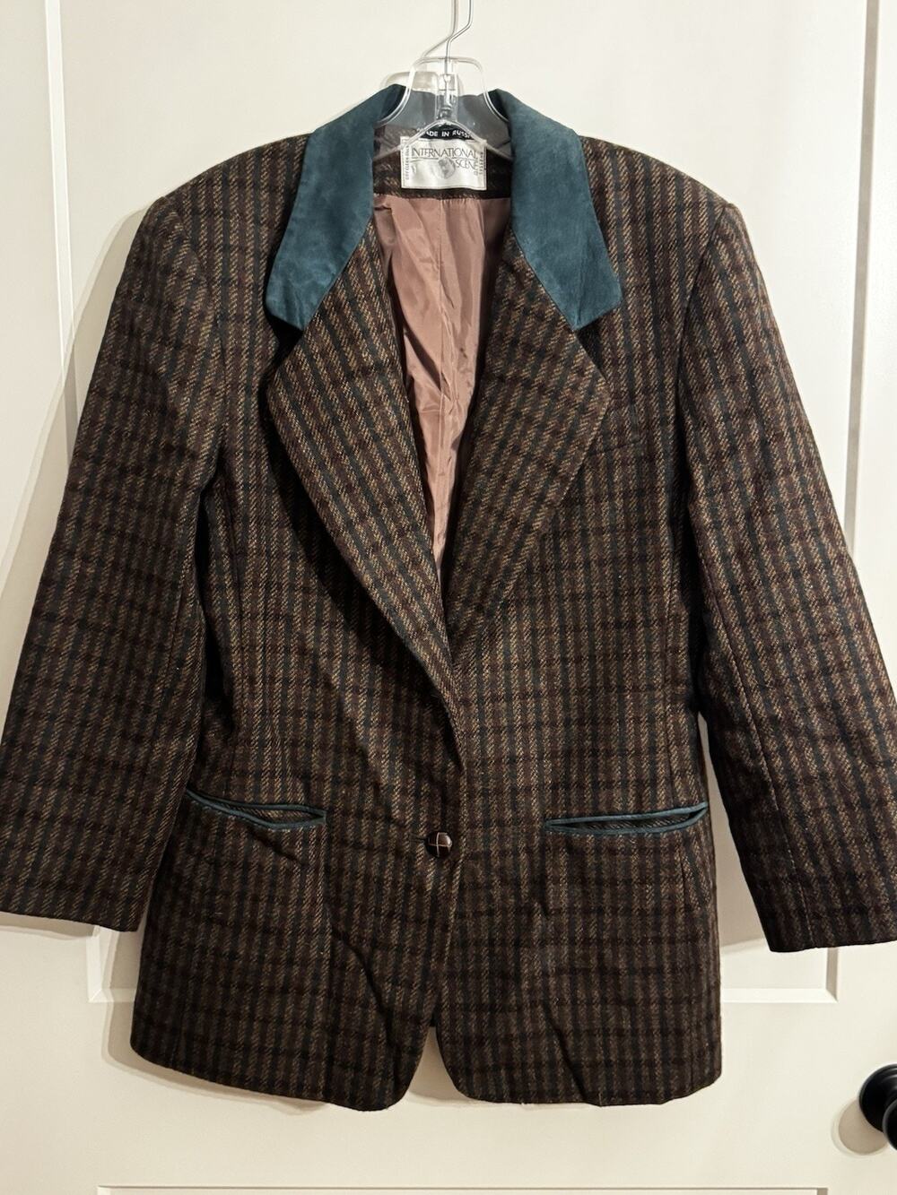 Vintage International Scene Wool Plaid Suede Collar Blazer Sz10 80s Academic